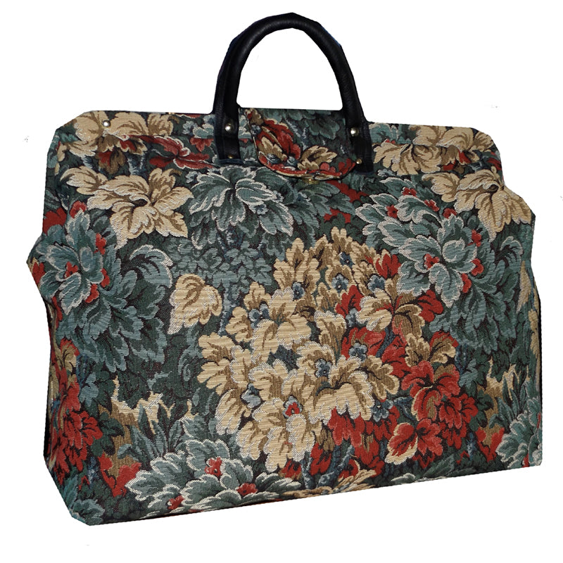 Victorian French Tapestry and Leather Carpet Bag - BeautifulBagsEtc