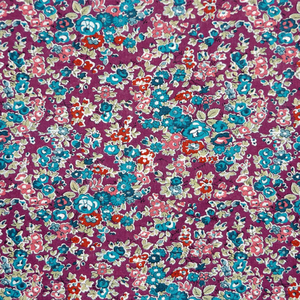 BURGUNDY & TEAL FLORAL 'TATUM' LIBERTY LAWN COTTON HANDKERCHIEF