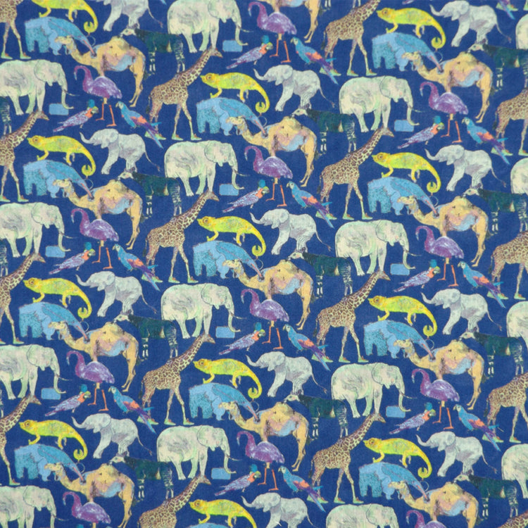 ROYAL BLUE & MULTICOLORED PRINT 'QUEUE FOR THE ZOO' LIBERTY LAWN COTTON POCKET SQUARE HANDKERCHIEF